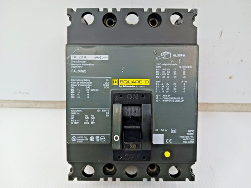Square D 20 Amp Circuit Breaker 3 Pole 600 VAC / 250 VDC 18kA FAL36020