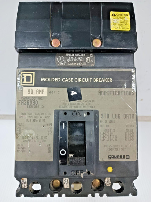 Square D 90 Amp I-Line Molded Case Circuit Breaker 3 Pole 600 VAC 18kA FA36090