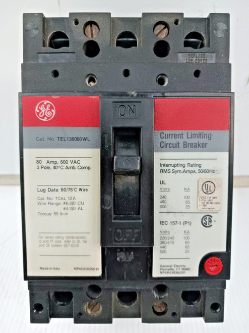 GE 80 Amp Current-Limiting Circuit Breaker 3 Pole 600 VAC 65kA TEL136080WL
