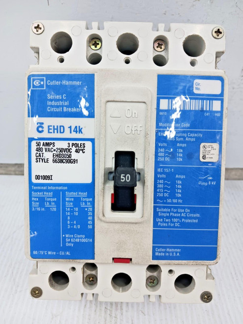Cutler Hammer 50 Amp Circuit Breaker 3 Pole 480 VAC / 250 VDC 14kA EHD3050