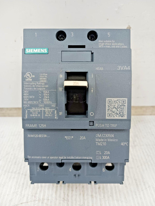 Siemens 20 Amp Bolt-On Circuit Breaker 3P 600Y/347 VAC 65kA 3VA4120-6ED34-0AA0