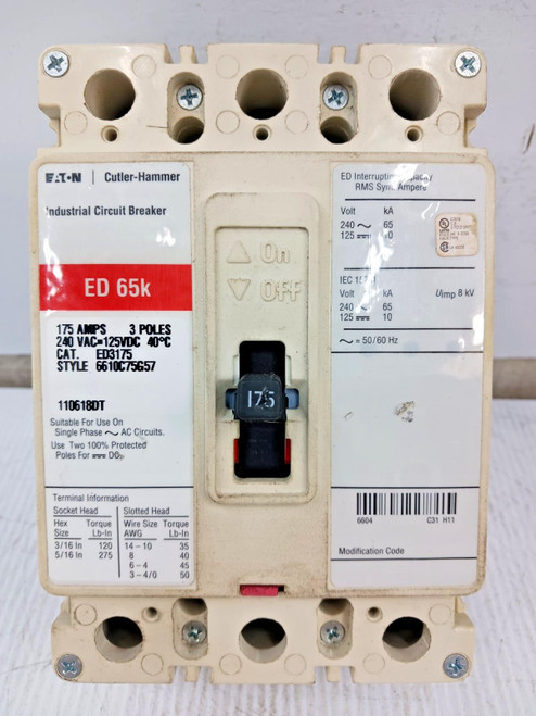 Eaton Cutler Hammer 175 Amp Circuit Breaker 3 Pole 240 VAC 65kA ED3175 *Flaw*