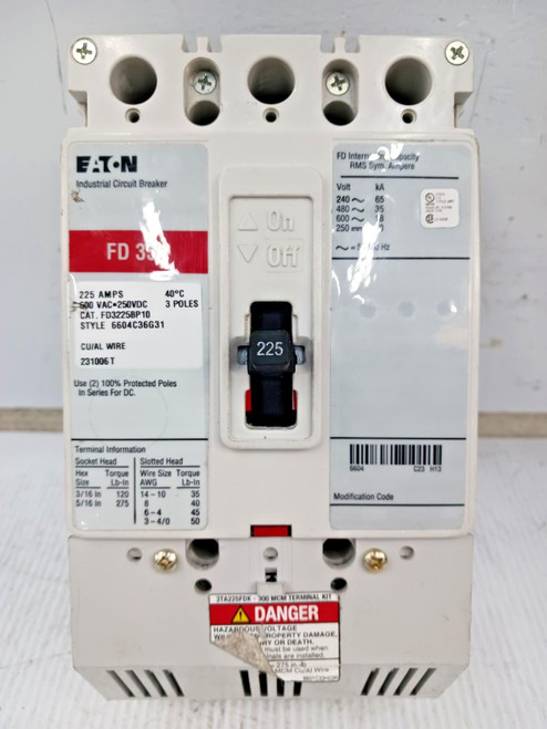 Eaton 225 Amp Industrial Circuit Breaker 3 Pole 600 VAC / 250 VDC FD3225BP10