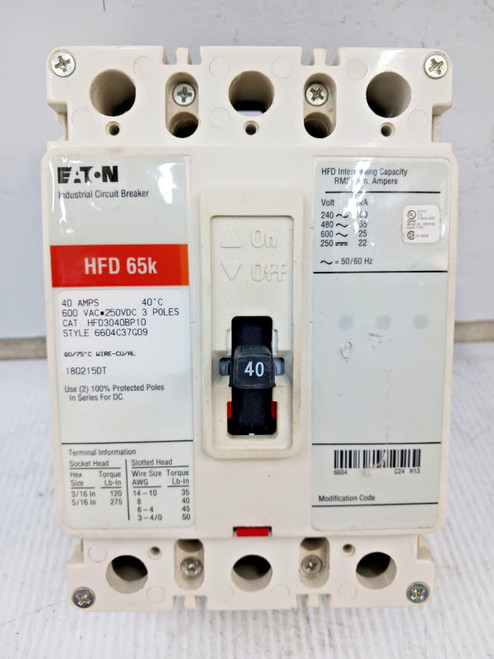 Eaton 40 Amp Industrial Circuit Breaker 3P 600 VAC / 250 VDC 65kA HFD3040BP10