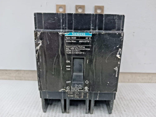 Siemens 20 Amp Bolt-On Circuit Breaker 3 Pole 480Y/277 VAC 14kA BQD320