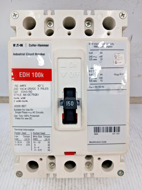 Eaton 150 Amp Industrial Circuit Breaker 3 Pole 240 VAC / 125 VDC 100kA EDH3150
