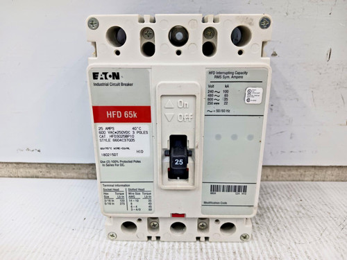 Eaton 25 Amp Circuit Breaker 3 Pole 600 VAC / 250 VDC 65kA HFD3025BP10