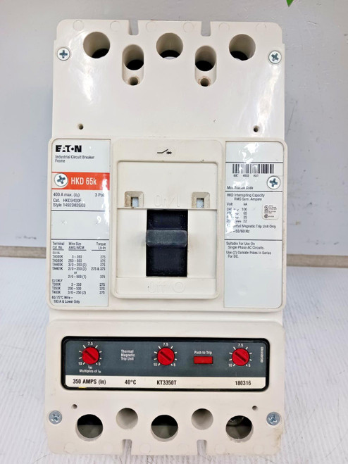 Eaton 400 Amp Circuit Breaker 3 Pole 600 VAC 65kA HKD3400F W/ 350 Amp Trip