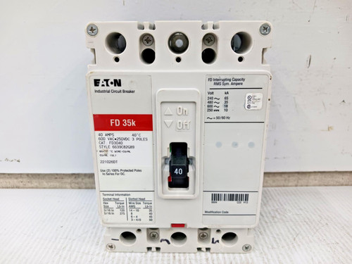 Eaton 40 Amp Industrial Circuit Breaker 3 Pole 600 VAC / 250 VDC 35kA FD3040