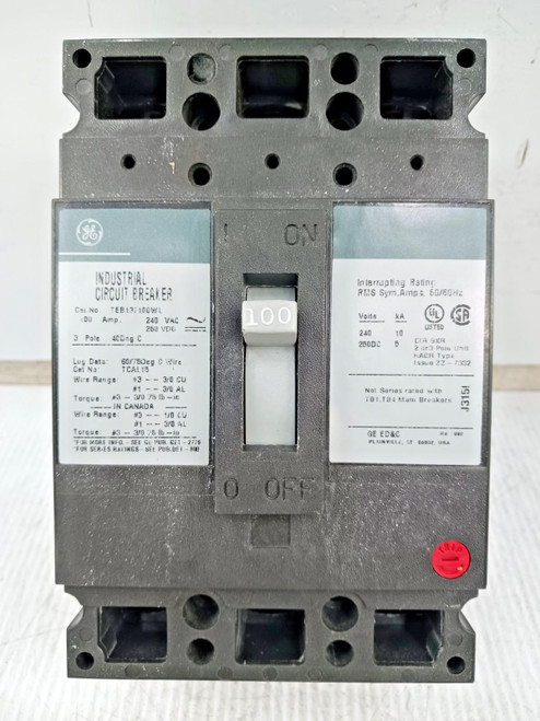 GE 100 Amp Industrial Circuit Breaker 3 Pole 240 VAC / 250 VDC 10kA TEB132100WL