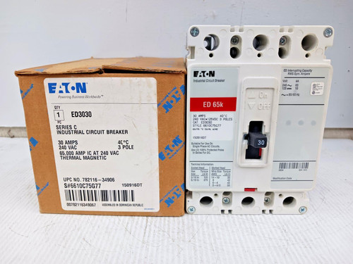 New Eaton 30 Amp Industrial Circuit Breaker 3 Pole 240 VAC / 125 VDC 65kA ED3030
