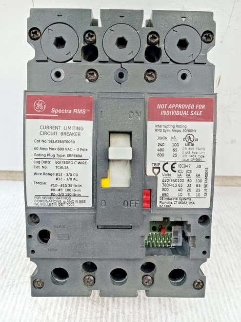 GE Spectra 60 Amp Circuit Breaker 3 Pole 600 VAC SELA36AT0060 W/O Plug & Lugs
