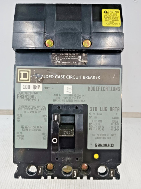 Square D 100 Amp I-Line Molded Case Circuit Breaker 3 Pole 480 VAC 18kA FA34100
