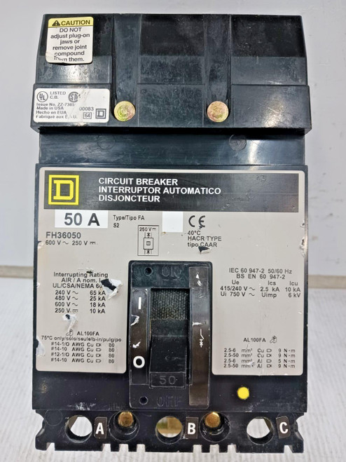 Square D 50 Amp I-Line Circuit Breaker 3 Pole 600 VAC / 250 VDC 25kA FH36050