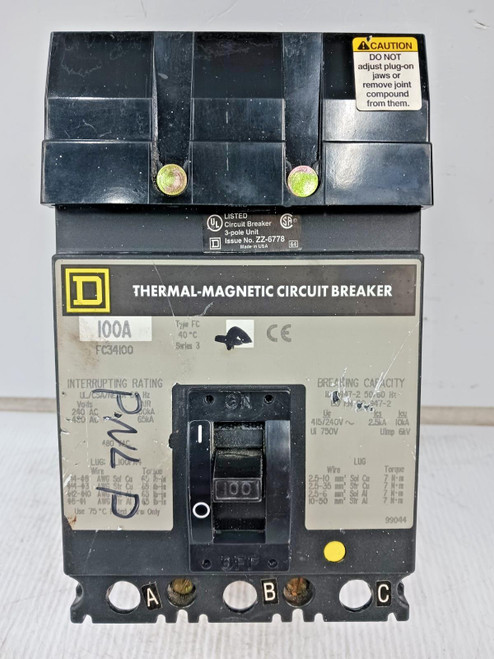 Square D 100 Amp I-Line Thermal-Magnetic Circuit Breaker 3 Pole 480 VAC FC34100
