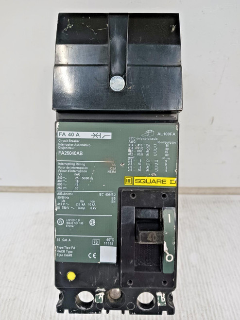 Square D 40 Amp I-Line Circuit Breaker 2 Pole 600 VAC 18kA FA26040AB (Flawed)