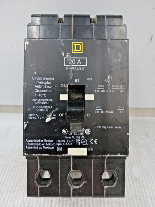 Square D 20 Amp Bolt-On Circuit Breaker 3 Pole 480Y/277 VAC 18kA EDB34020