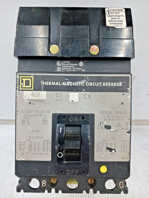Square D 40 Amp I-Line Thermal-Magnetic Circuit Breaker 2 Pole 480 VAC FC24040BC