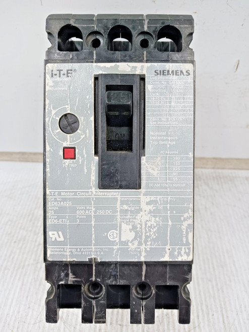 Siemens ITE 25 Amp Motor Circuit Interrupter 3 Pole 600 VAC / 250 VDC ED63A025
