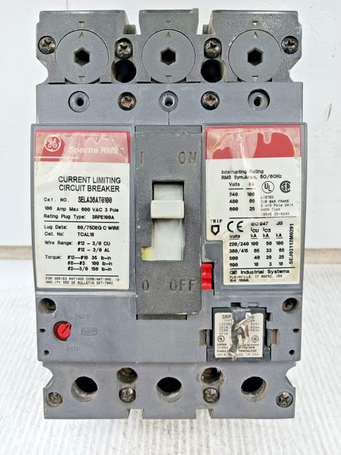 GE 100 Amp Circuit Breaker 3P 600V SELA36AT0100 W/ 70 Amp Plug (Missing Lugs)