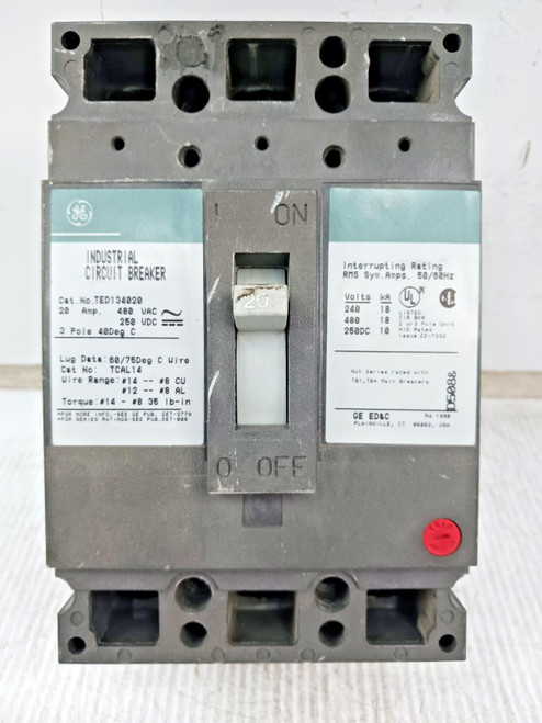GE 20 Amp Industrial Circuit Breaker 3 Pole 480 VAC / 250 VDC 18kA TED134020