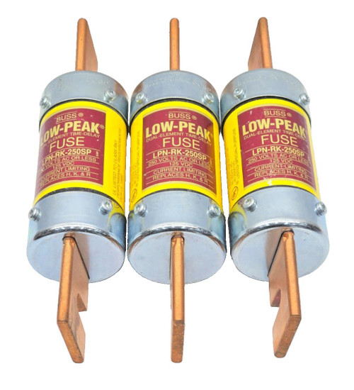 (3) Cooper Bussmann 250 Amp Low-Peak Dual-Element Time-Delay Fuses LPN-RK-250SP