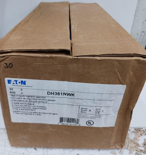 New Eaton 30 Amp Fusible Safety Switch DH361NWK 3P 4w Vac Nema 4X Stainless