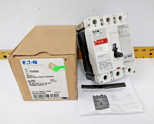 New Eaton 30 Amp Circuit Breaker 600 VAC / 250 VDC 3 Pole  FD3030L