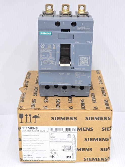 New Siemens 20 Amp Bolt-On Circuit Breaker 600 VAC 3P 150 kA 3VA4120-6ED34-0AA0