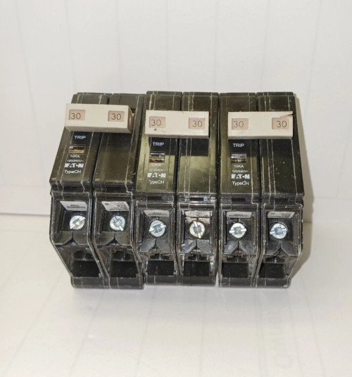 3) EATON 30 AMP CIRCUIT BREAKER 2 POLE 120/240 VAC 10 KA CHF230 LOT OF 3