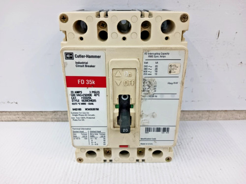 Cutler Hammer 20 Amp Circuit Breaker 3 Pole 600 VAC / 250 VDC 35kA FD3020L
