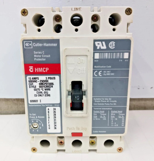 CUTLER HAMMER 15 AMP MOTOR CIRCUIT PROTECTOR 3 POLE 600 VAC HMCP015E0L