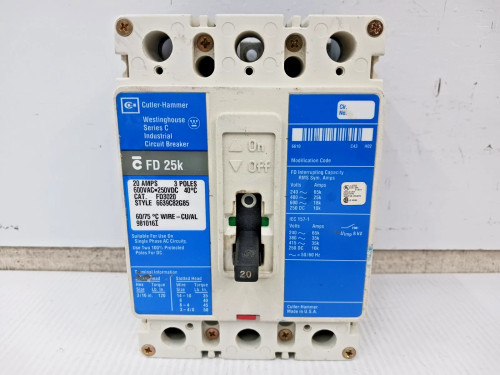 Cutler Hammer 20 Amp Circuit Breaker 3 Pole 600 VAC / 250 VDC 25kA FD3020