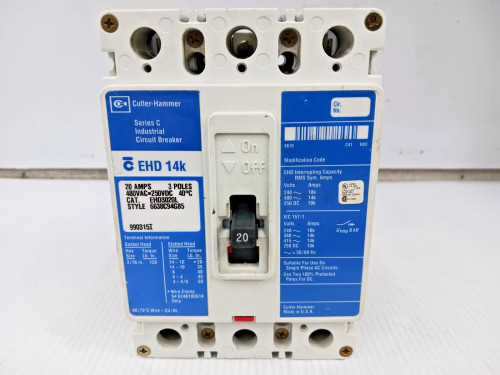 CUTLER HAMMER 20 AMP CIRCUIT BREAKER 3 POLE 480 VAC / 250 VDC EHD3020L (FLAW)