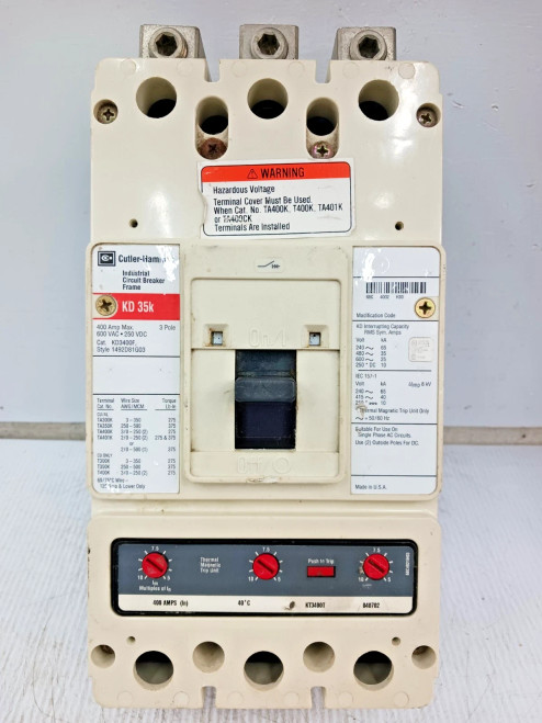 Cutler Hammer 400 Amp Circuit Breaker 3P 600 VAC KD3400F 35kA W/ 400 Amp Trip
