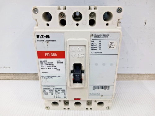 Eaton 20 Amp Industrial Circuit Breaker 3P 600 VAC / 250 VDC FD3020BP10 *Flaw*