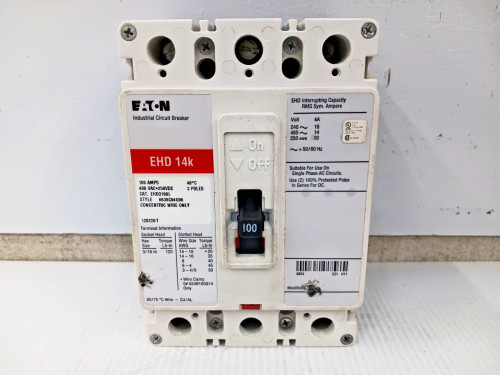 Eaton 100 Amp Circuit Breaker 3 Pole 480 VAC / 250 VDC 14kA EHD3100L