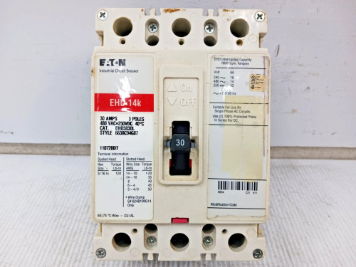 Eaton 30 Amp Circuit Breaker 3 Pole 480 VAC / 250 VDC 14kA EHD3030L