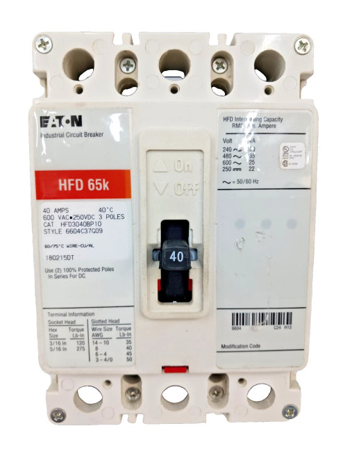 Eaton 40 Amp Industrial Circuit Breaker 3 Pole 600 VAC / 250 VDC HFD3040BP10