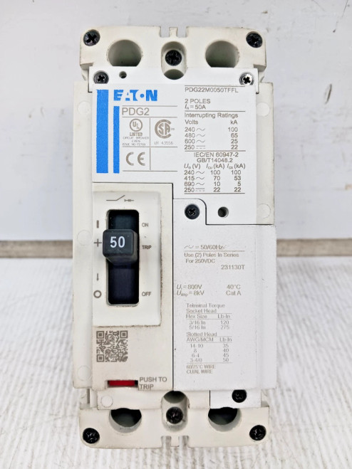 Eaton 50 Amp Circuit Breaker 2 Pole 600 VAC / 250 VDC 65kA PDG22M0050TFFL