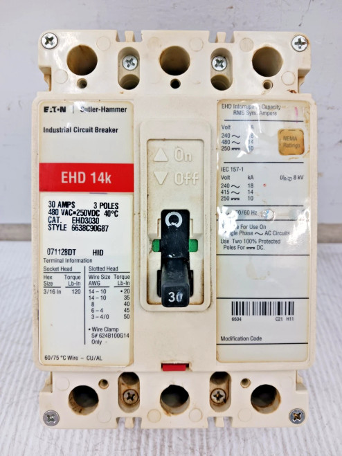 Eaton Cutler Hammer 30 Amp Circuit Breaker 3 Pole 480 VAC / 250 VDC 14kA EHD3030