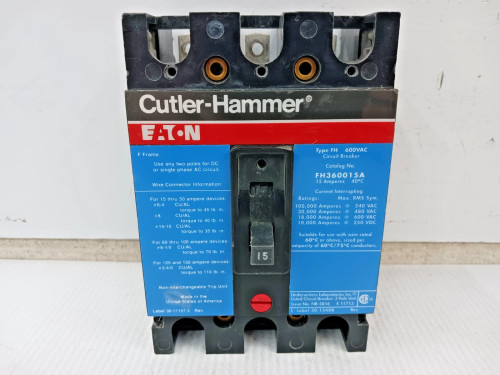 Eaton / Cutler Hammer 15 Amp Circuit Breaker 3 Pole 600 VAC / 250 VDC FH360015A