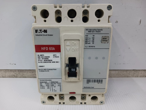 Eaton 90 Amp Circuit Breaker 3 Pole 600 VAC / 250 VDC 65kA HFD3090L