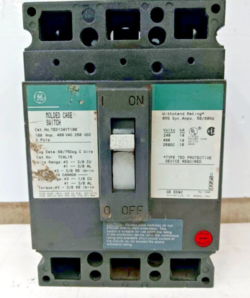 GE 100 AMP MOLDED CASE SWITCH 3 POLE 480 VAC TED134YT100