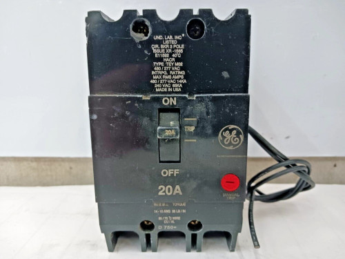 GE 20 AMP CIRCUIT BREAKER 3 POLE 480/277 VAC TEY320ST12 W/ 120 VAC SHUNT TRIP