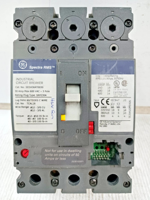 GE 30 Amp Circuit Breaker 3 Pole 600 VAC 18kA SEDA36AT0030 W/O Trip Plug