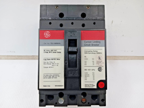 GE 50 Amp Current-Limiting Circuit Breaker 3 Pole 600V 65kA TEL136050WL (Flaw)
