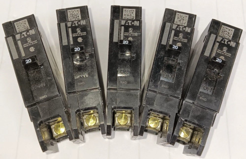 LOT OF 5) EATON 20 AMP BOLT-ON CIRCUIT BREAKER 1 POLE 277 VAC HGHB1020