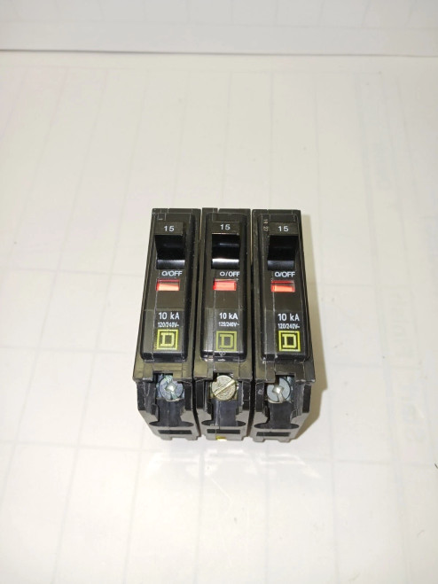 LOT OF 3) SQUARE D 15 AMP CIRCUIT BREAKER 120/240 VAC 10 KA QO115