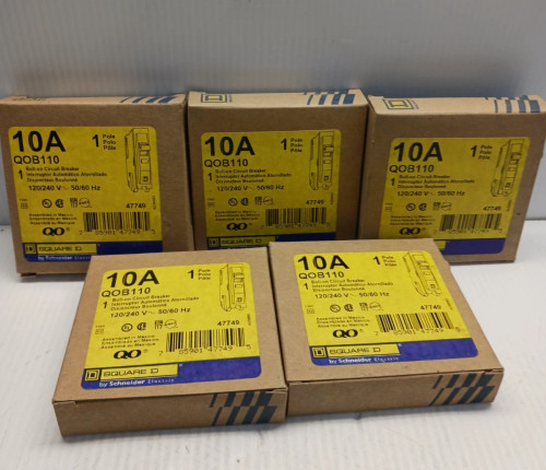 (Lot of 5) New Square D QOB110 Circuit Breaker 10 amp 1 Pole 120/240 Vac Bolt-on